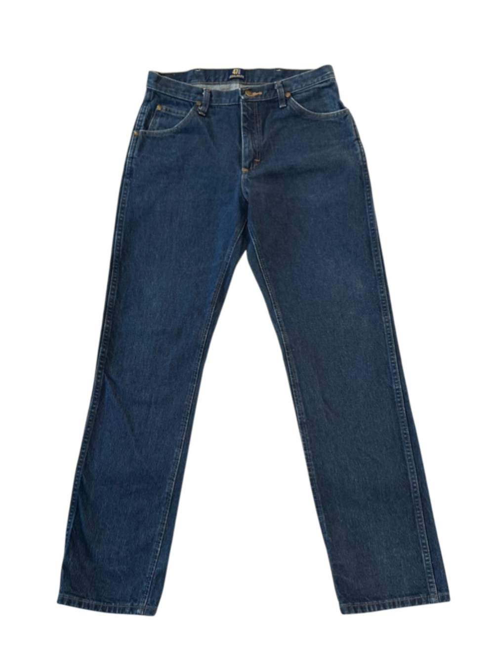 Men's Wrangler 47 ZMW Jeans 32 X34 Blue Denim Straight Leg Leather Logo Zipper